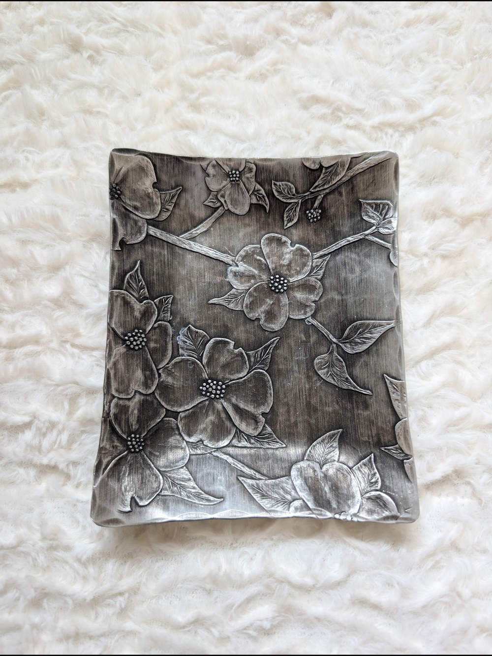 Handmade Floral Metal Tray in Aged Silver Finish